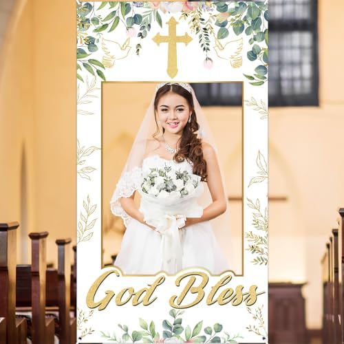 God Bless Baptism Photo Booth Backdrop Greenery Eucalyptus 3x6ft