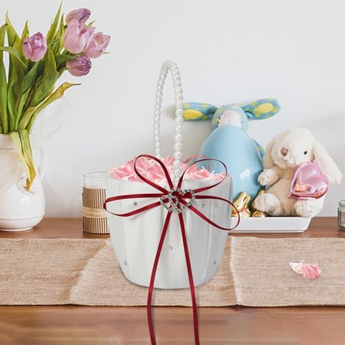 2 Pcs Wedding Flower Girl Baskets with Heart Design and Pearl Handle Bowknot