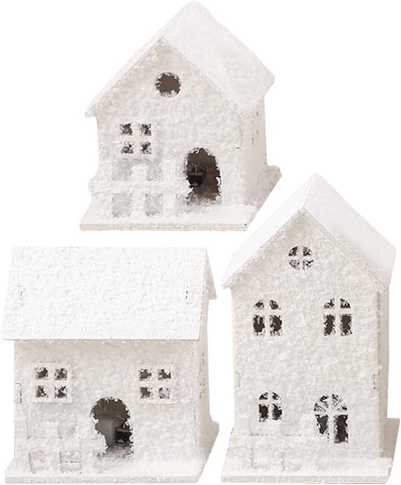 TOYANDONA 3Pcs LED Lighted Wooden Christmas Village Houses