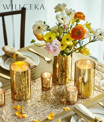 Gold Candle Holder Hurricane Cylinder Vase Set of 6 for Wedding Centerpieces
