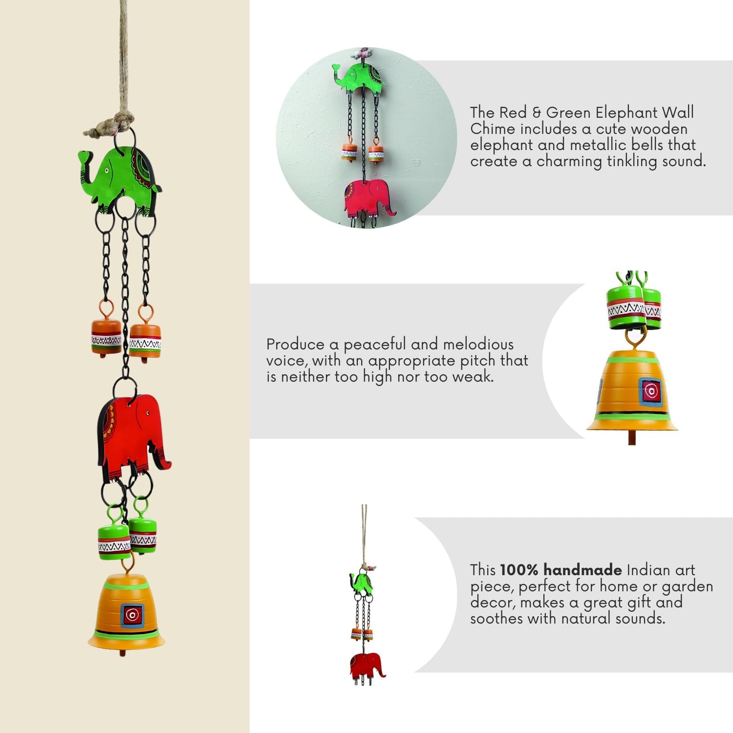 Hand Painted Elephant Metal Bells Set - 22 Inch Hanging Ornament