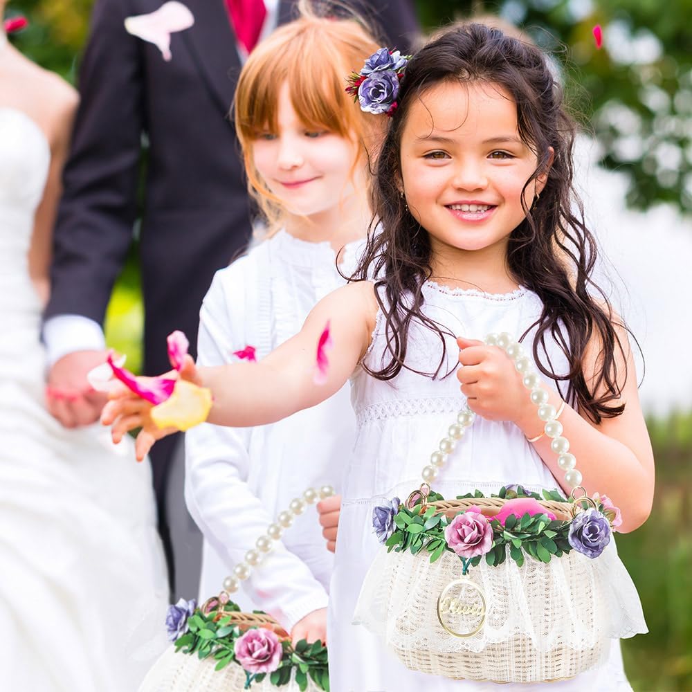 Personalized Wedding Flower Girl Basket with Pearl Handle