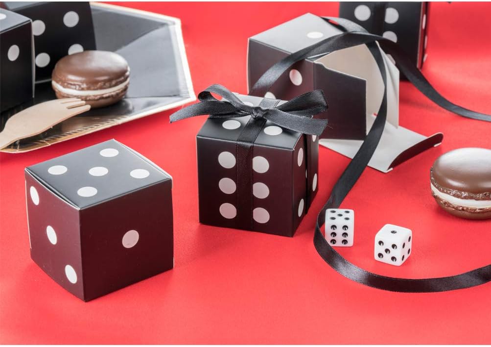 AWELL Black Dice Favor Box with Black Ribbon Pack of 50