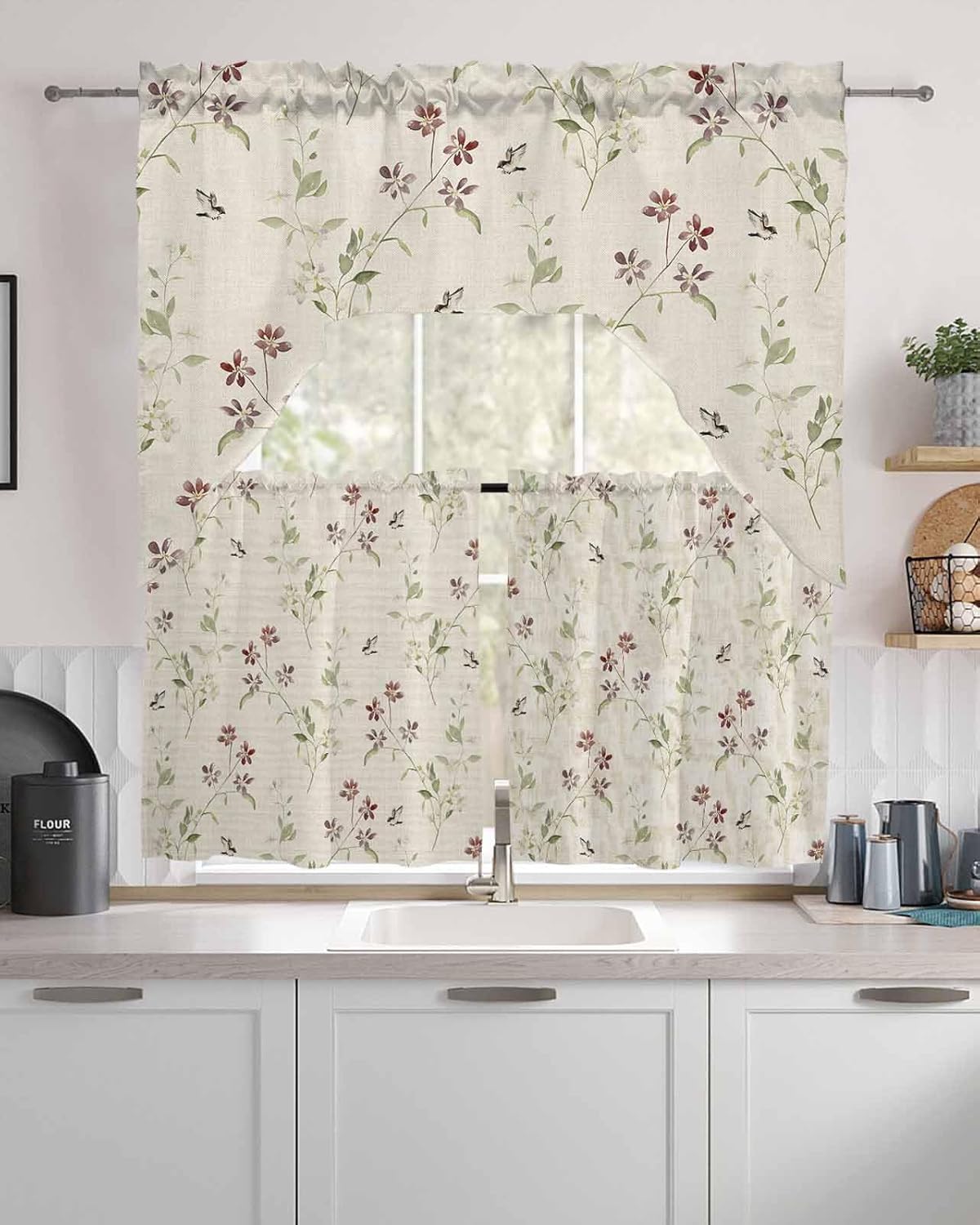 Flower Leaves Kitchen Curtain Set with Swag and Valance
