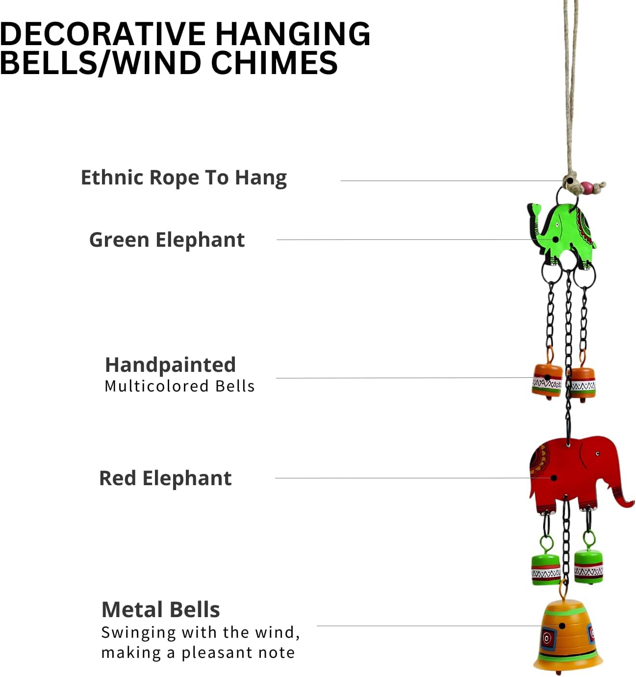 Hand Painted Elephant Metal Bells Set - 22 Inch Hanging Ornament