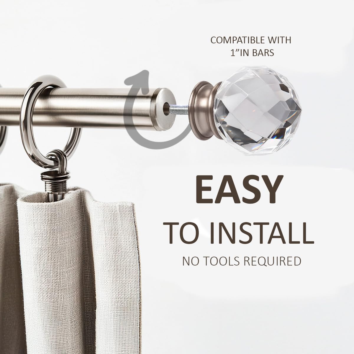 Brushed Nickel Faceted Gunmetal Crystal Curtain Rod Finials Set of 2