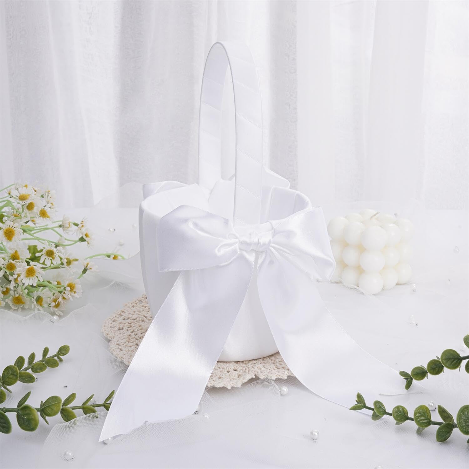 QIRMIZI Wedding Ring Pillow and Flower Girl Basket Set - Butterfly Knot White Satin