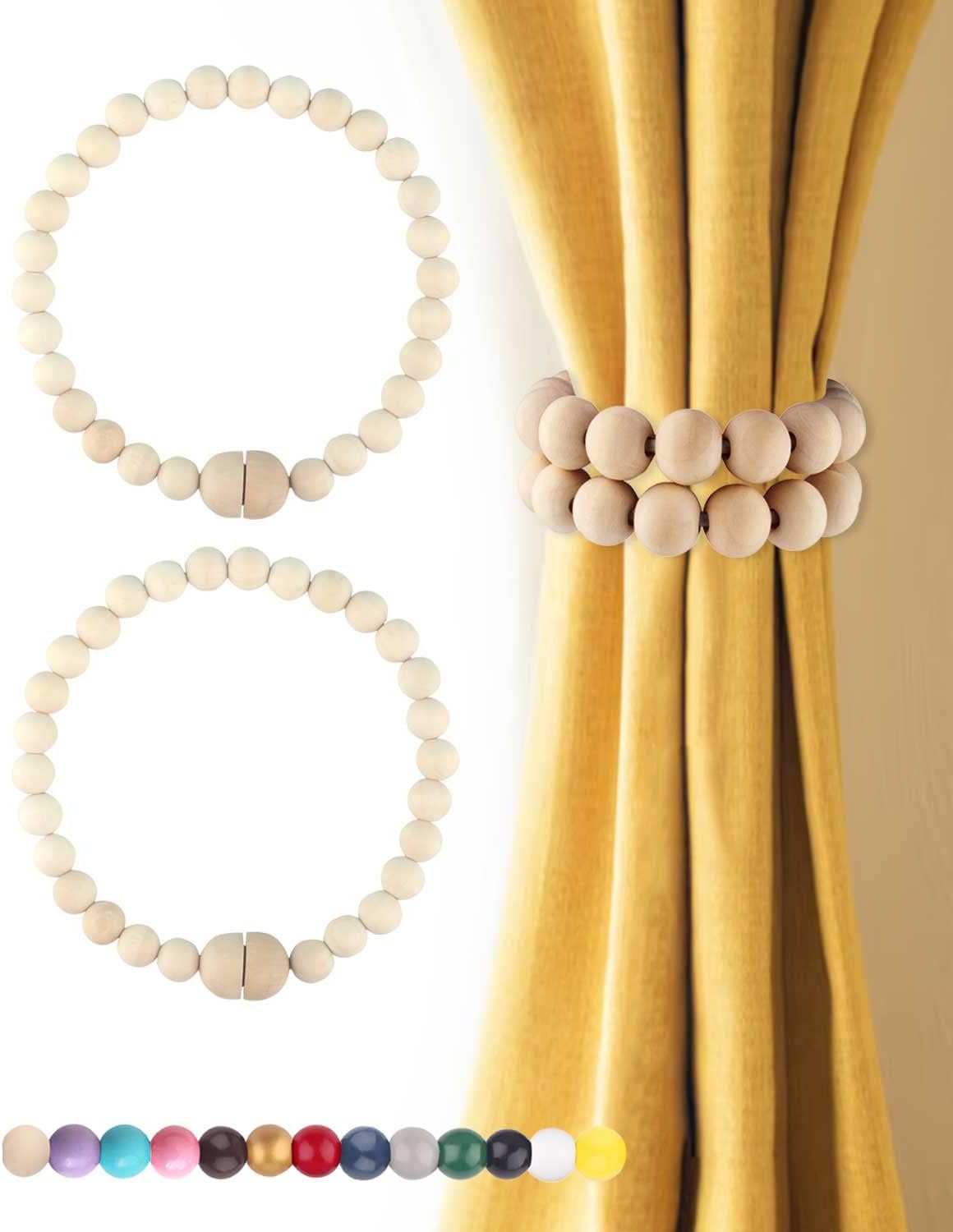 Magnetic Curtain Tiebacks with Wood Beads 2 Pack