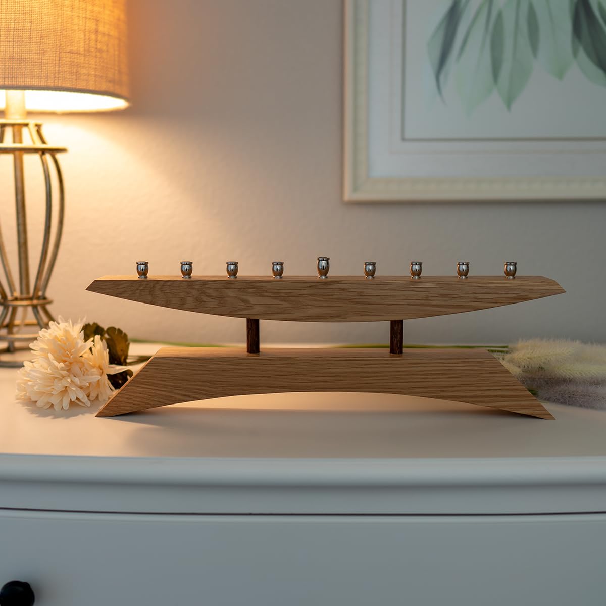 Handmade 9 Branch Modern Menorah in Oak