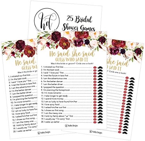 Burgundy Floral Bridal Shower Games for 25 Guests