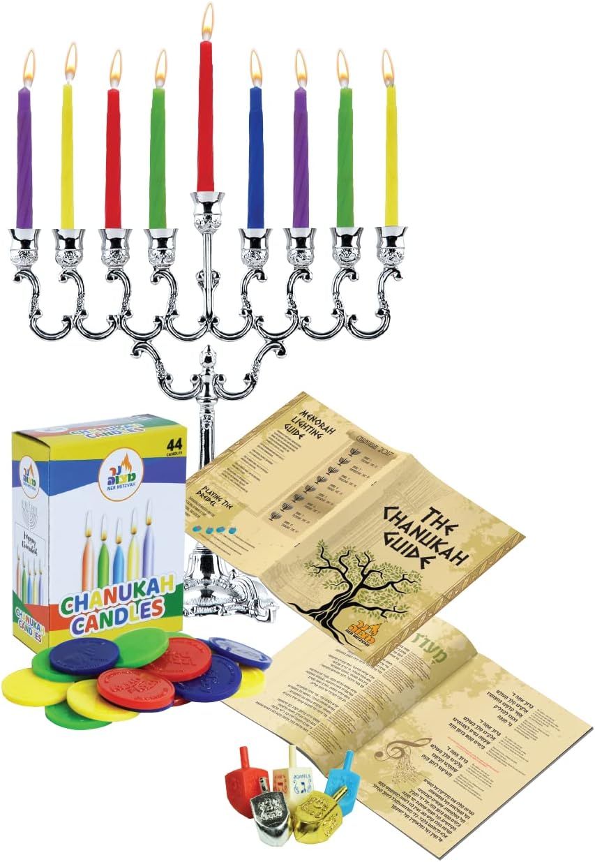 Ner Mitzvah Hanukkah Menorah with Candles and Dreidels