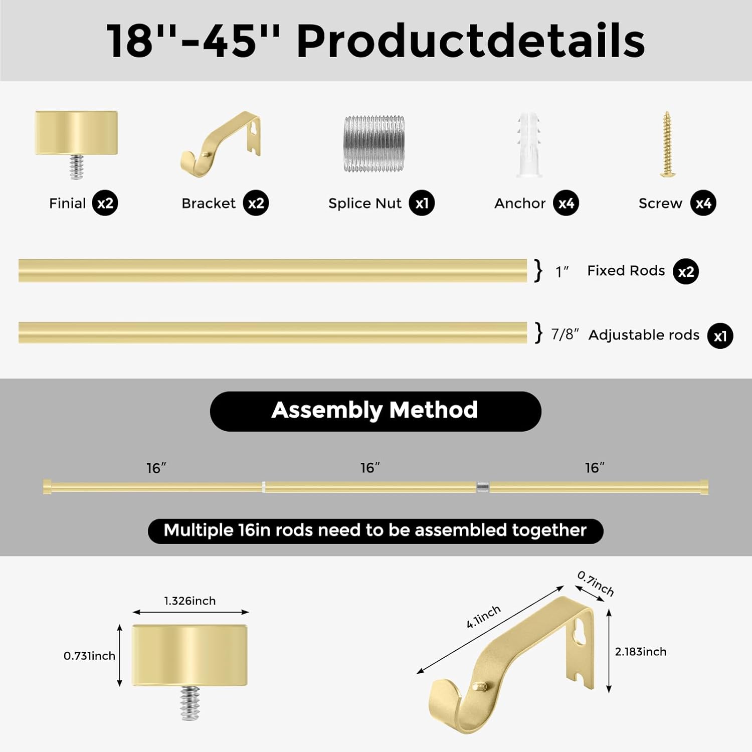 Heavy Duty Brass Curtain Rods 18-45 Inch Adjustable Single Rods