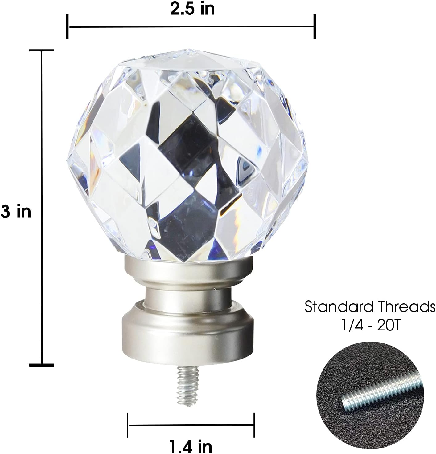 Luxury Satin Silver Faceted Curtain Rod Finials Set of 2