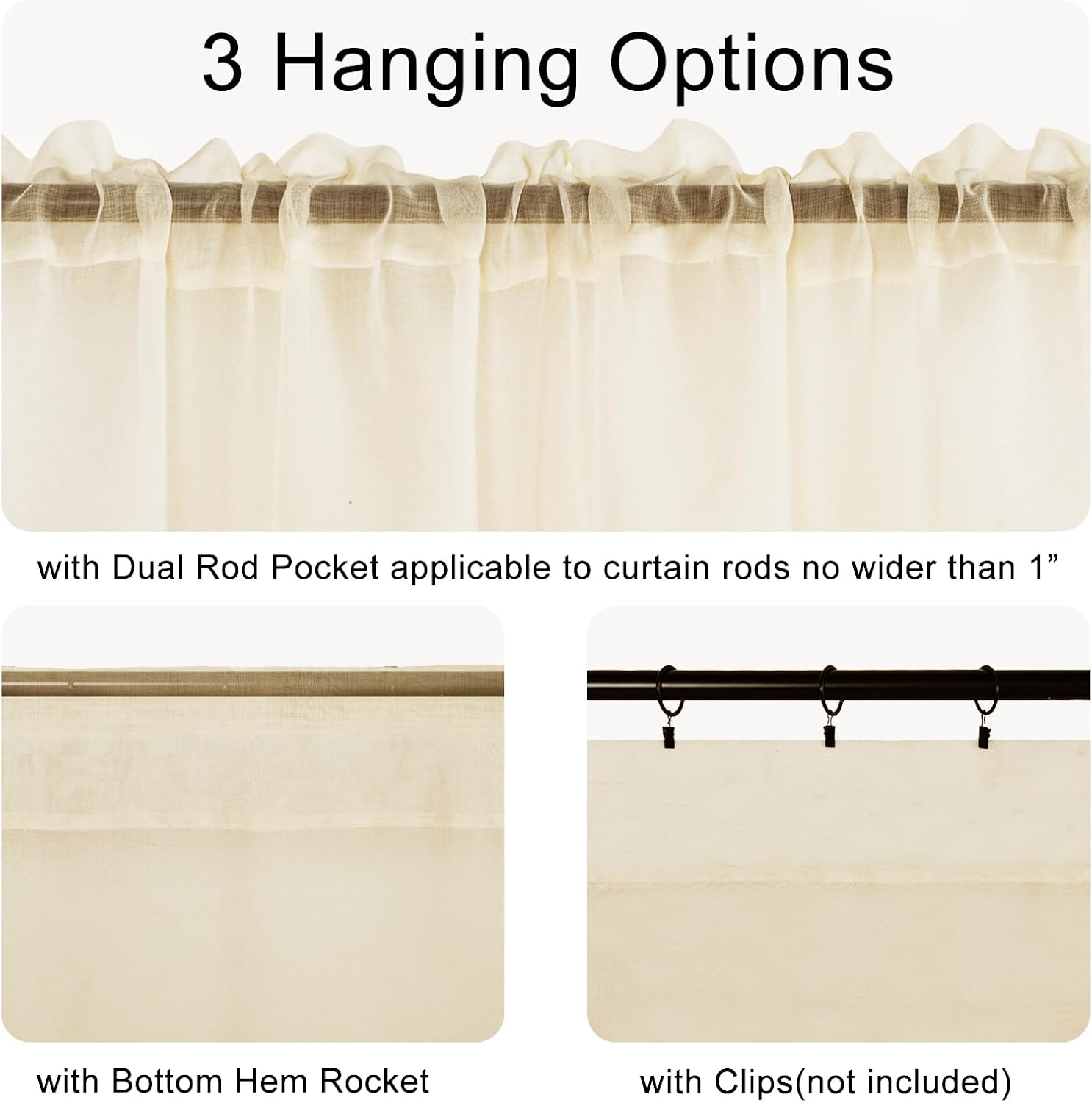 DWCN Sheer Valance Faux Linen 52 x 18 Beige