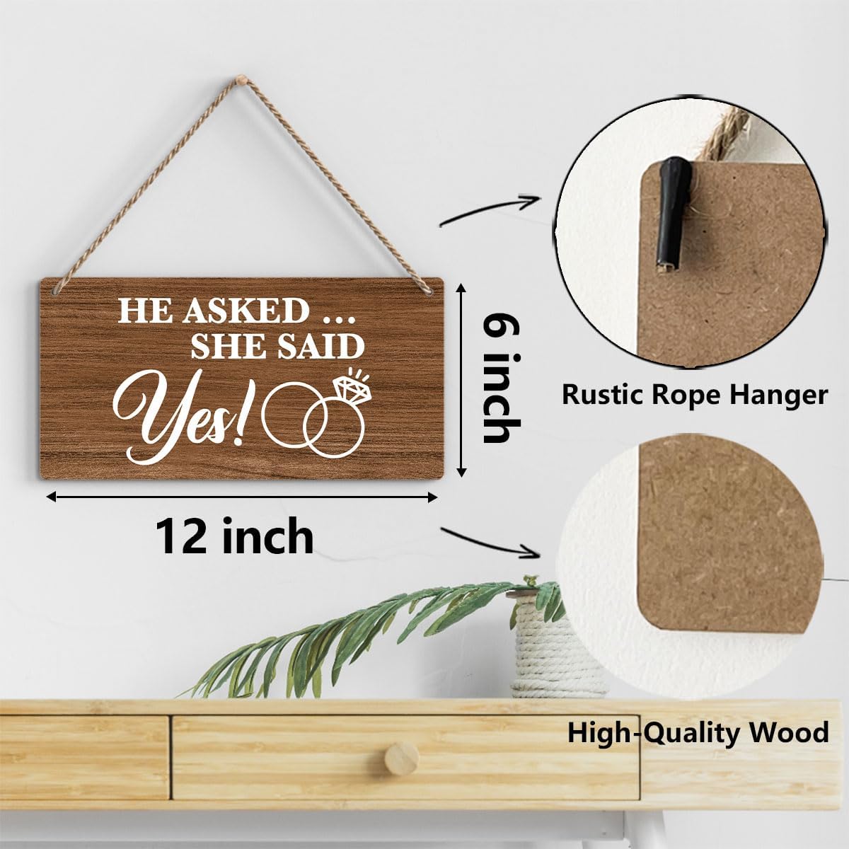 Bellowdeer Rustic Wedding Sign She Said Yes 12x6 Inches Brown