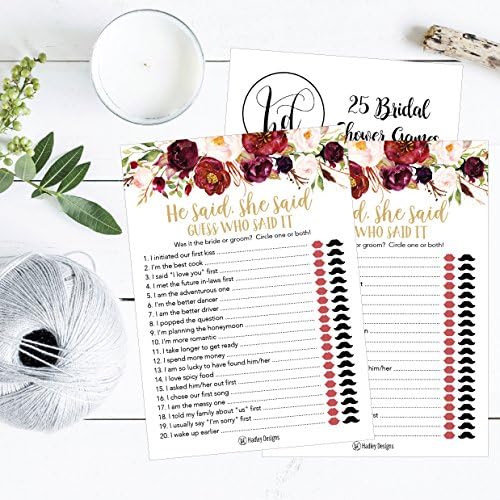 Burgundy Floral Bridal Shower Games for 25 Guests
