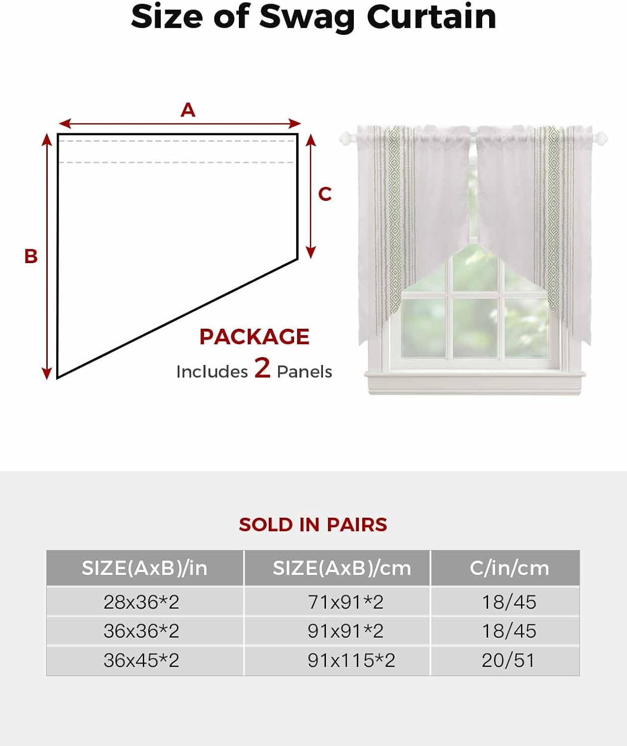 Boho Sage Green Swag Curtains 2 Panels Set 36 Inch Length