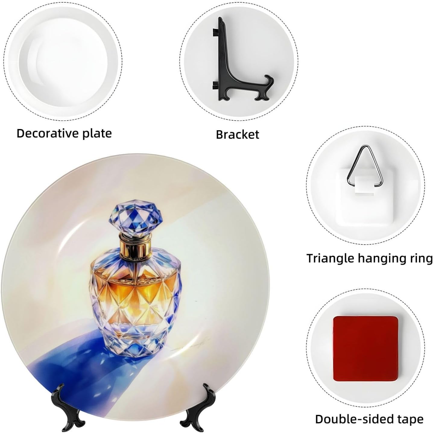 Crystal Bottle Perfume Print Bone China Plate with Stand 6in 1