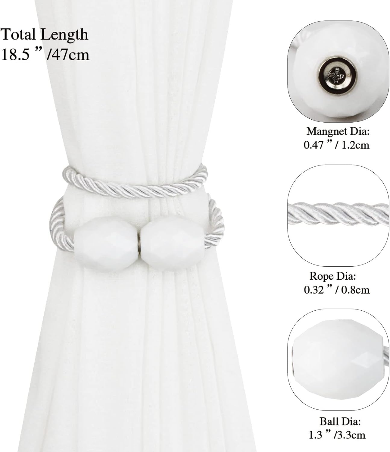 Strong Magnetic Curtain Tiebacks 2 Pack White