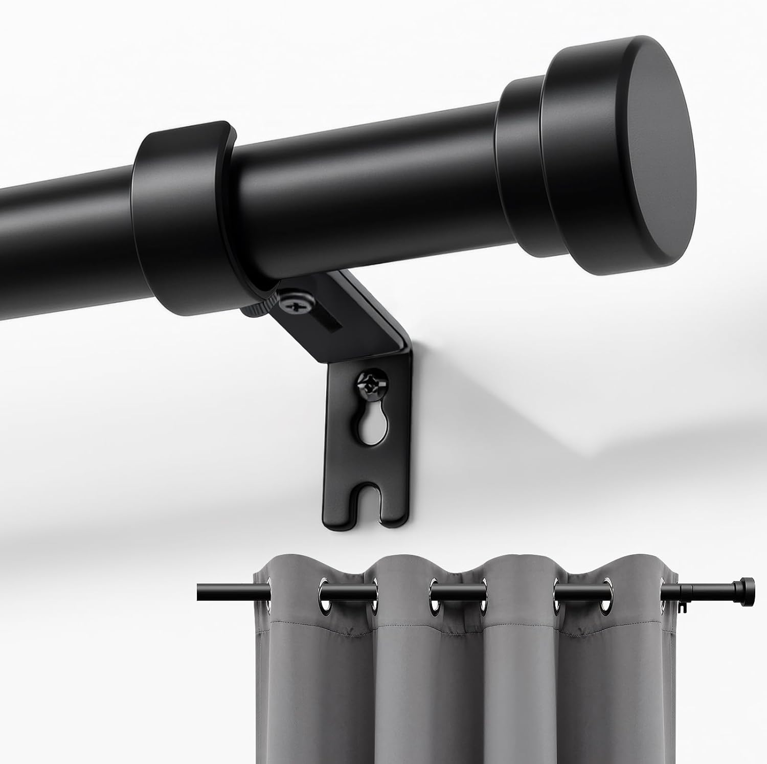 Joydeco Black Curtain Rods for Windows - Adjustable 120 Inch Single Rod Set