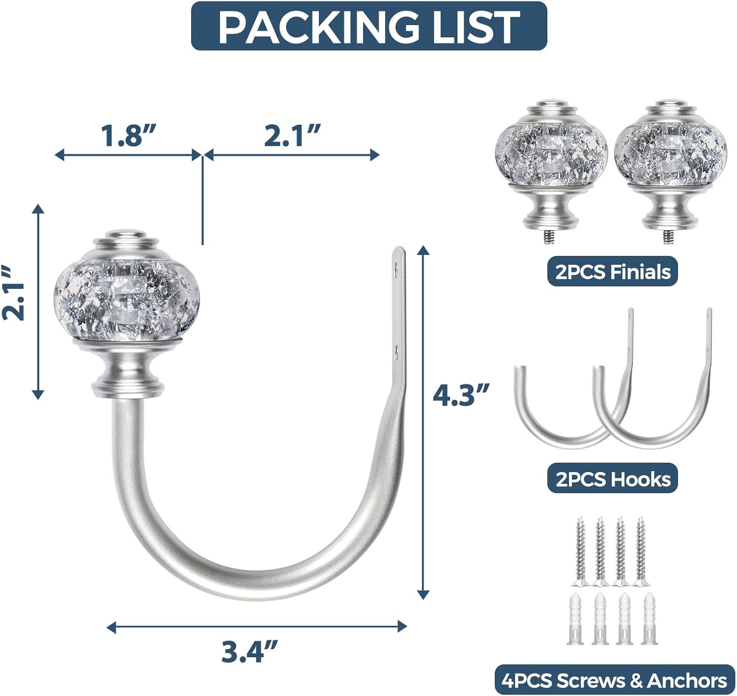 2 Pack Silver Curtain Holdbacks with Crystal Finials