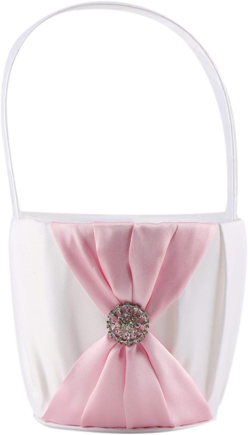 Satin and Artificial Crystal Flower Girl Basket Pink