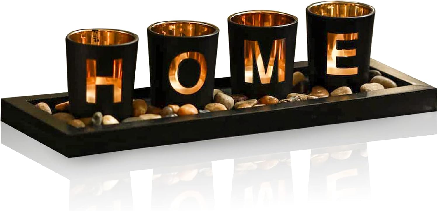 MrMrKura Decorative Candle Holder Set with Wood Tray and Stones