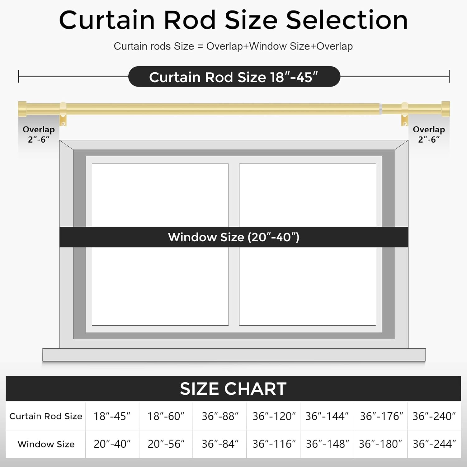 Heavy Duty Brass Curtain Rods 18-45 Inch Adjustable Single Rods