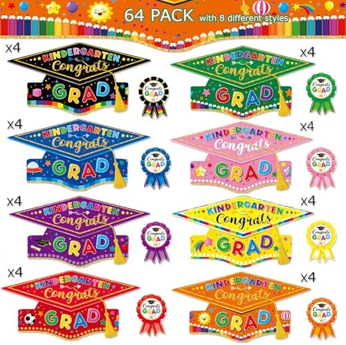 64 Pieces Preschool Graduation Caps with Reward Badges