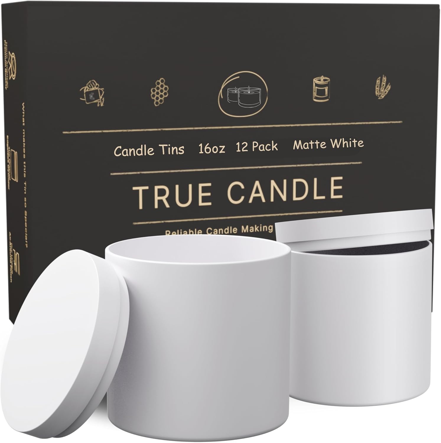 True Candle Tins 12 Pack 16 Oz Matte White Tall