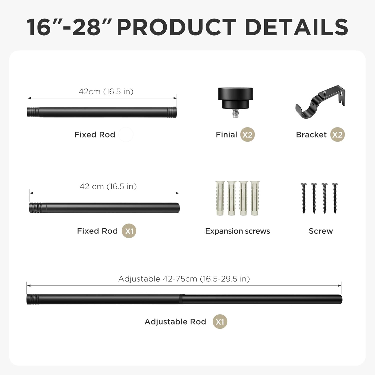 Joydeco Black Curtain Rods for Windows - Adjustable 120 Inch Single Rod Set