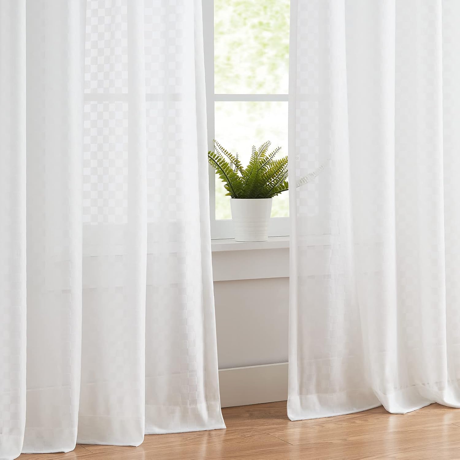 Melodieux Off White Gingham Sheer Curtains 54x54 Inch 2 Panels