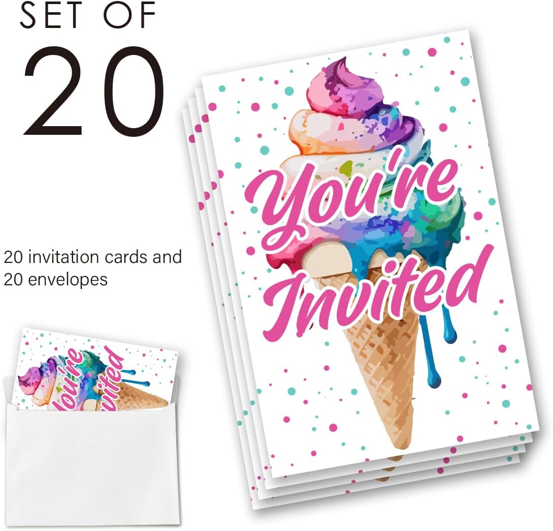 EUDOSI Ice Cream Birthday Invites Set of 20 with Envelopes