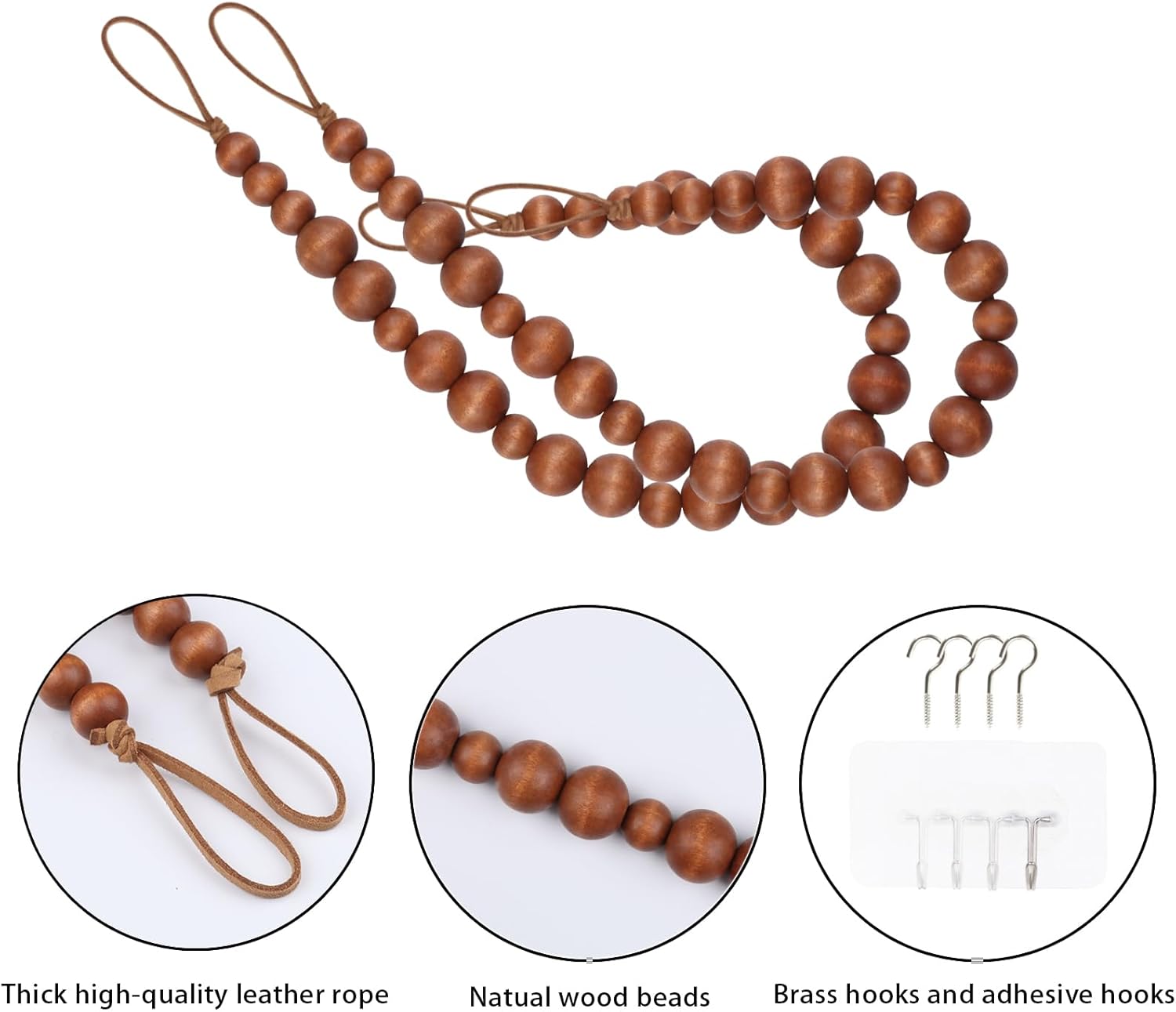 OCIOLI 2 Piece Wood Bead Curtain Tiebacks with Hooks