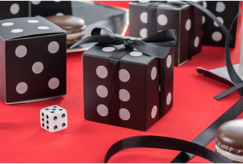 AWELL Black Dice Favor Box with Black Ribbon Pack of 50