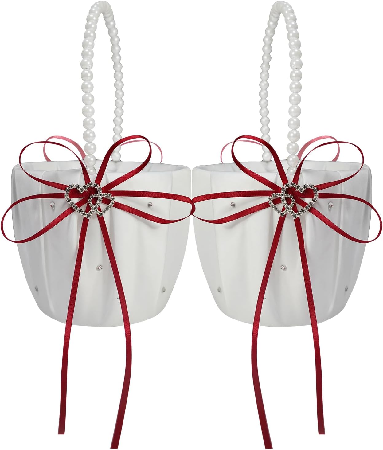2 Pcs Wedding Flower Girl Baskets with Heart Design and Pearl Handle Bowknot