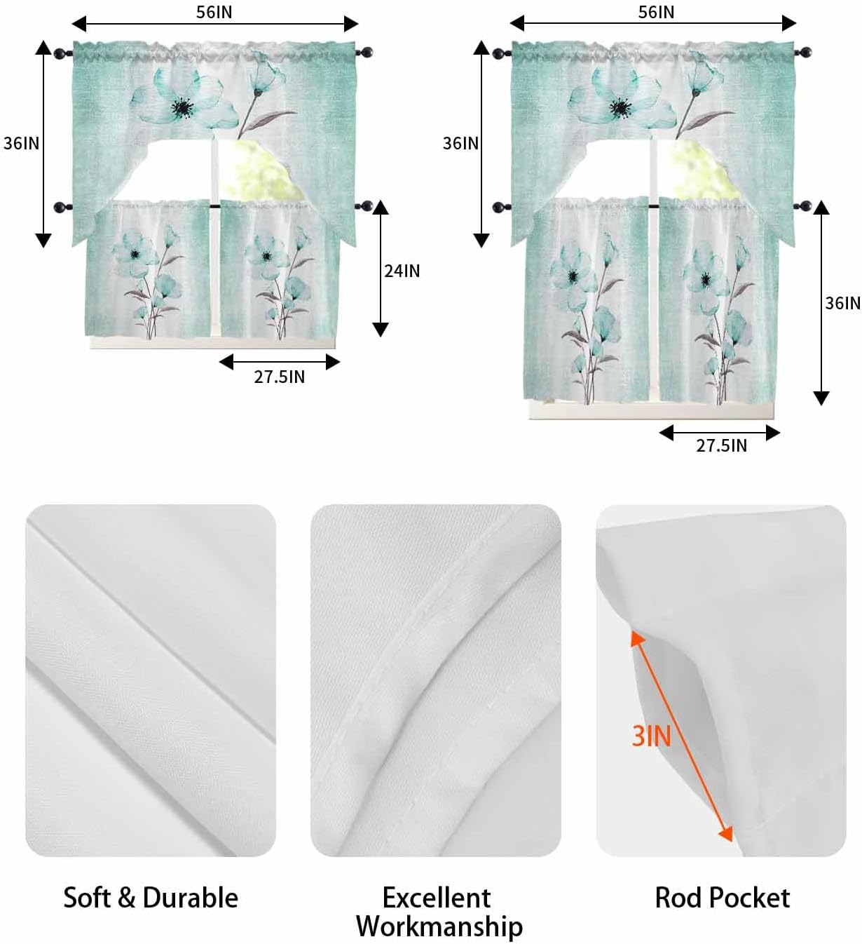 Teal Green Floral Curtains Set - Swag Valance and Tier Panels 24 Inch
