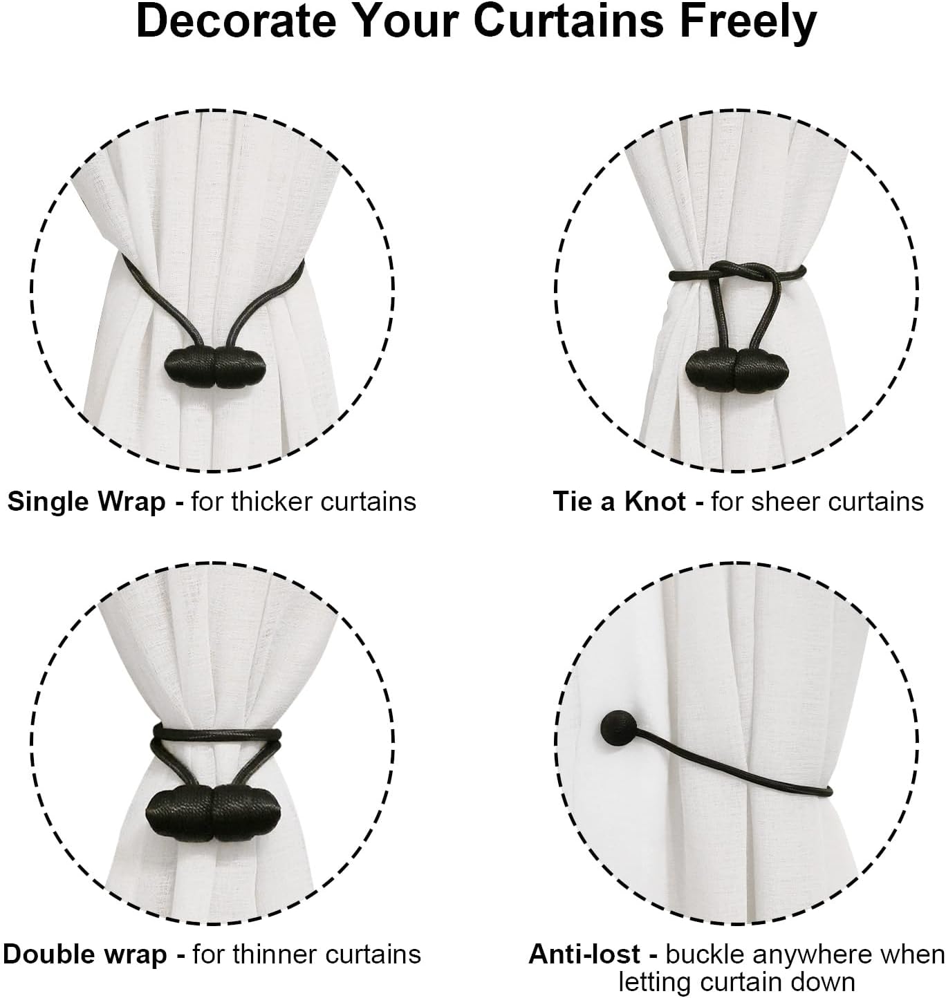 Tifanso Black Magnetic Curtain Holdbacks - 4pcs