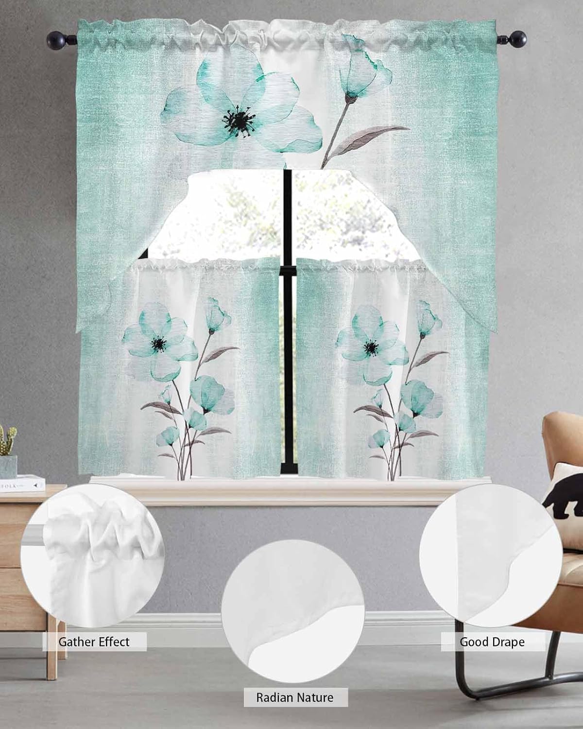 Teal Green Floral Curtains Set - Swag Valance and Tier Panels 24 Inch