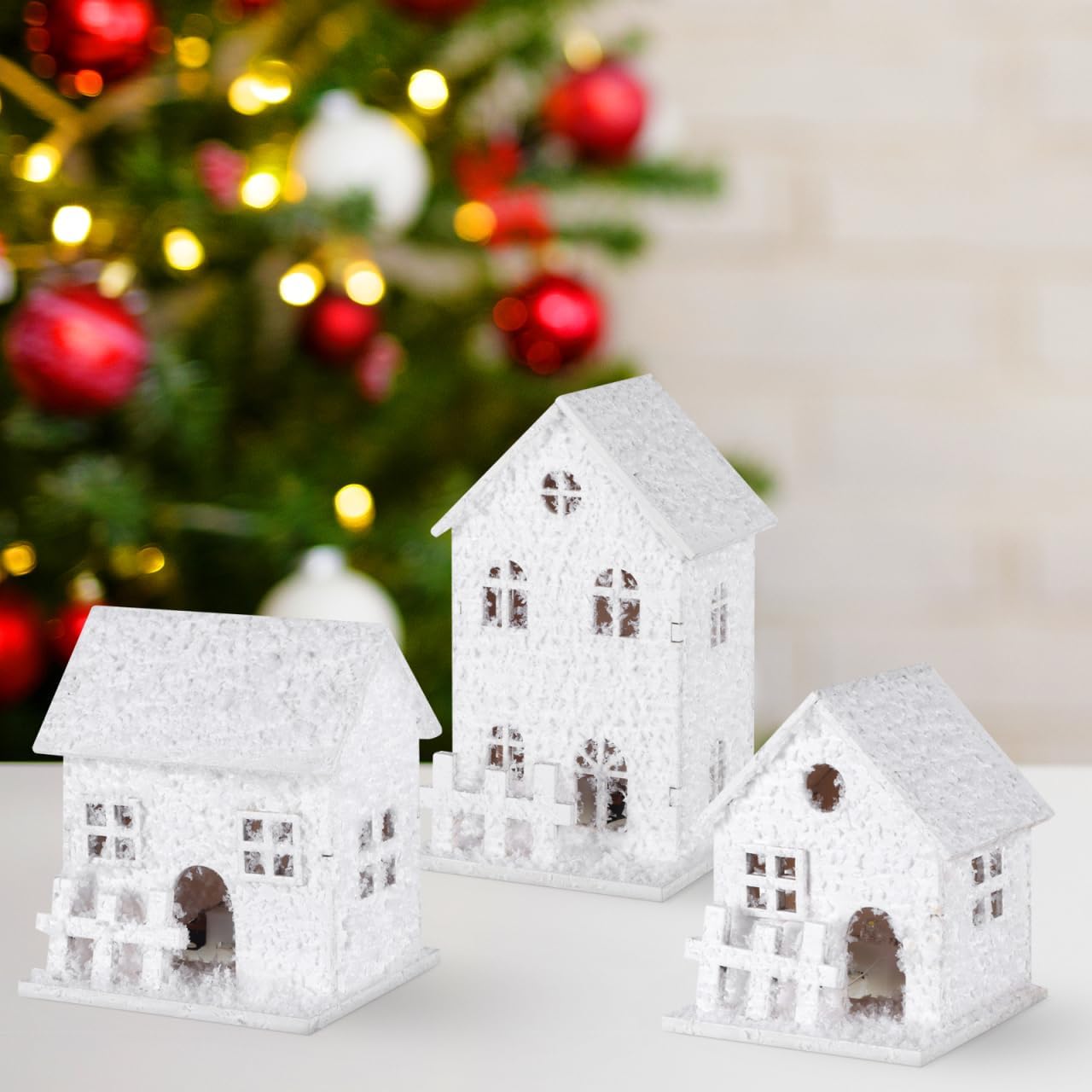 TOYANDONA 3Pcs LED Lighted Wooden Christmas Village Houses