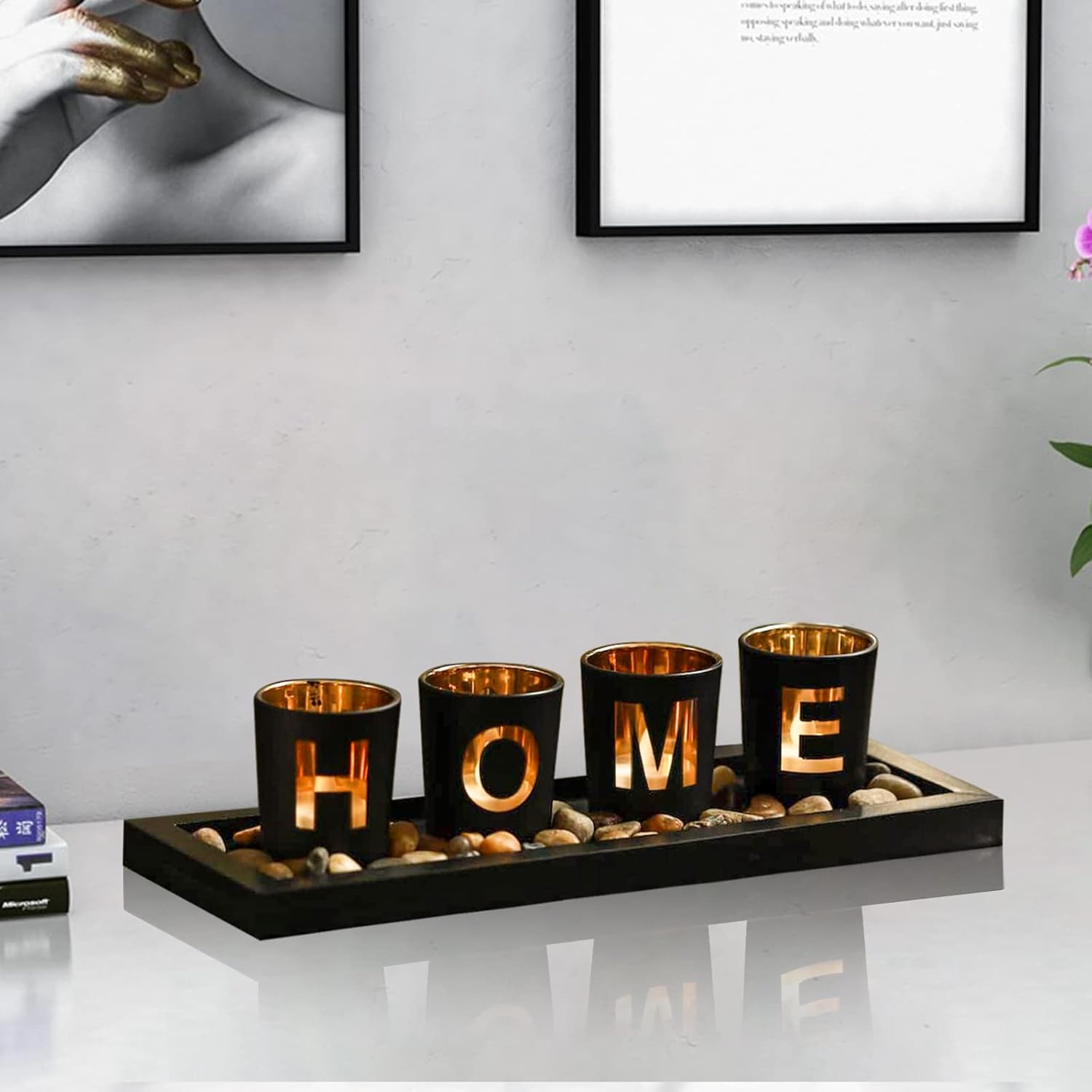MrMrKura Decorative Candle Holder Set with Wood Tray and Stones