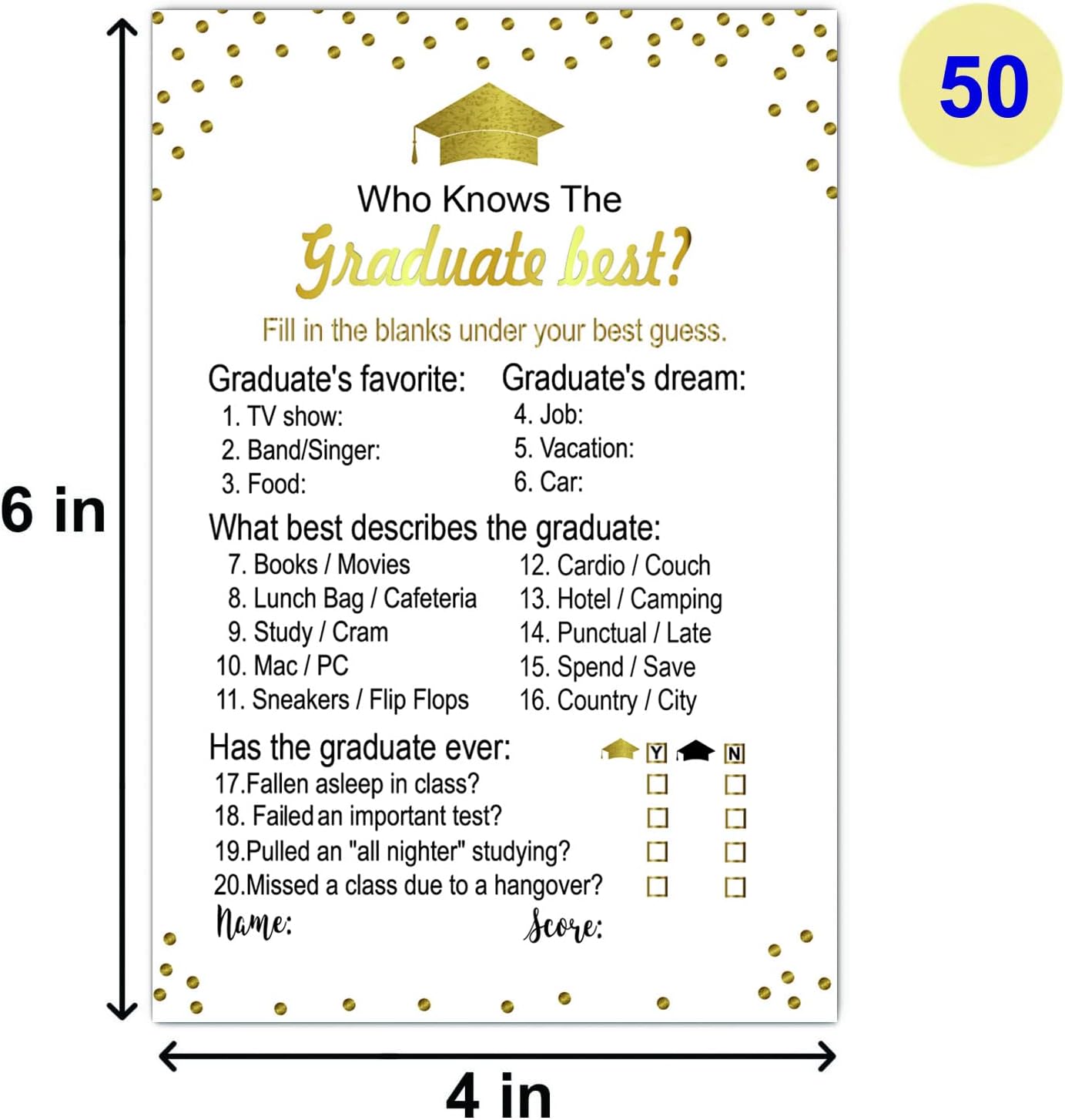 50 Pieces Graduation Party Game Cards for Fun and Engagement