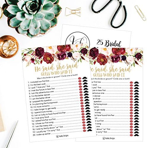 Burgundy Floral Bridal Shower Games for 25 Guests
