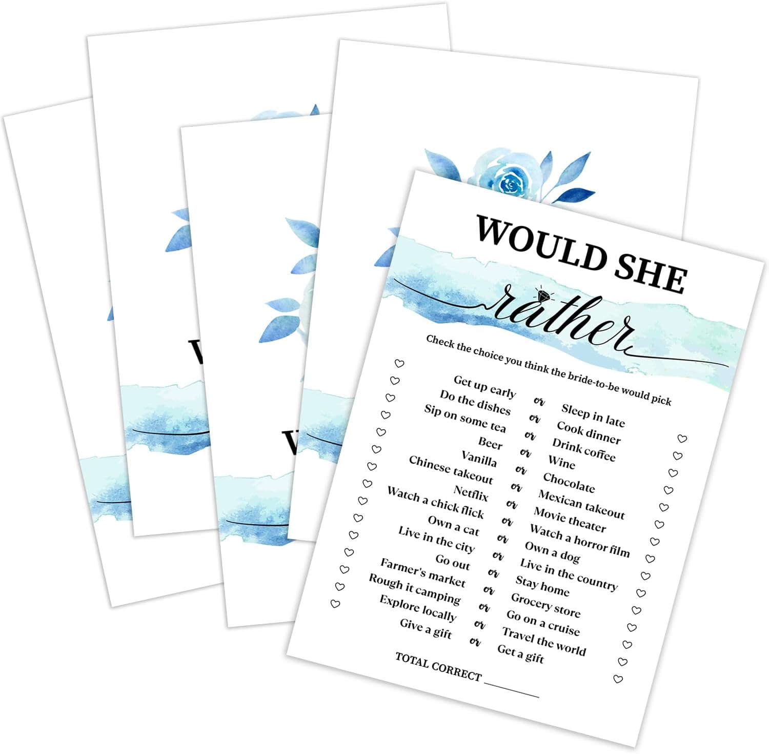 Blue Floral Bridal Shower Game with 30 Cards