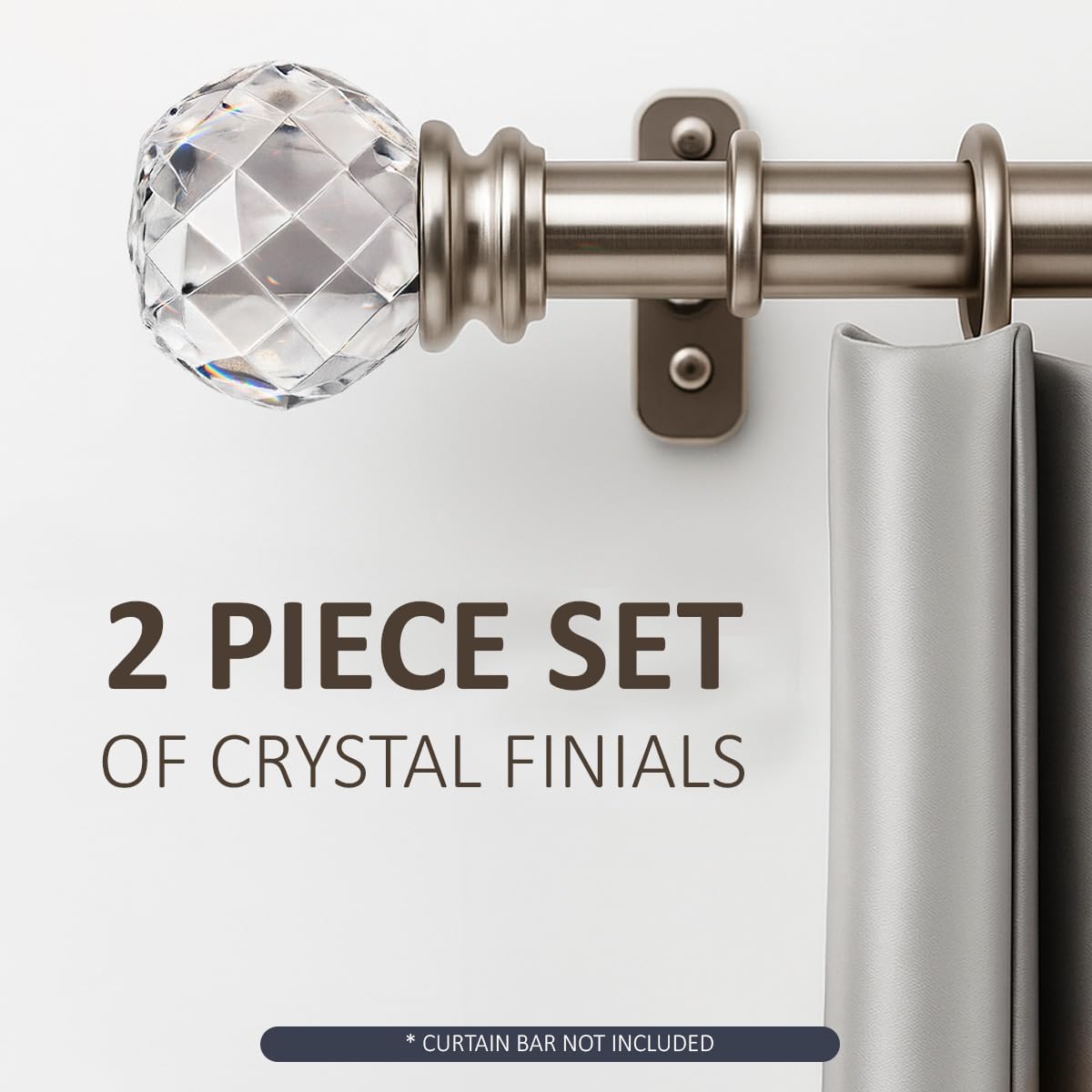 Brushed Nickel Faceted Gunmetal Crystal Curtain Rod Finials Set of 2