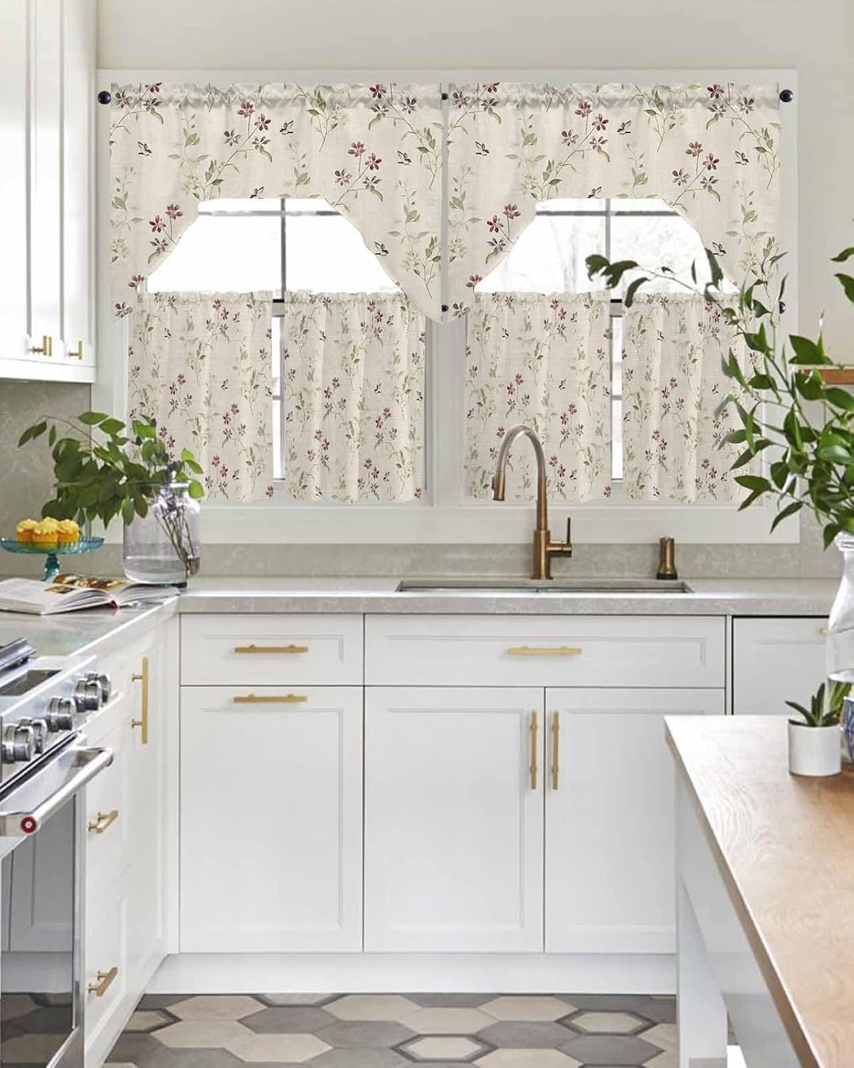 Flower Leaves Kitchen Curtain Set with Swag and Valance