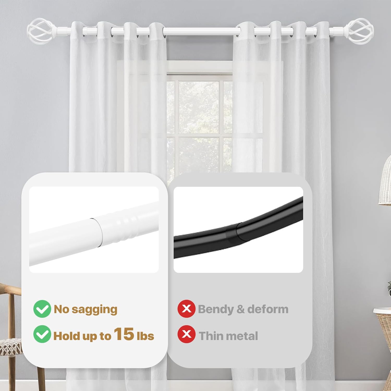 White Curtain Rods 32-50 Inch with Twisted Cage Finials