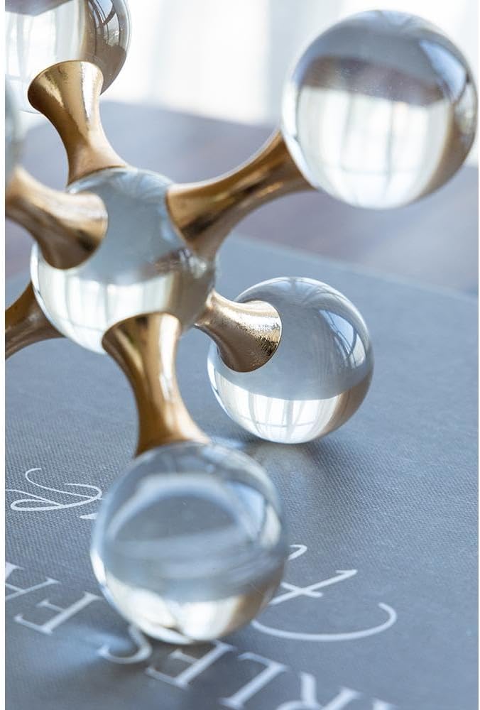 Gold Iron and Crystal Glass Sphere Sculpture - Modern Home Decor