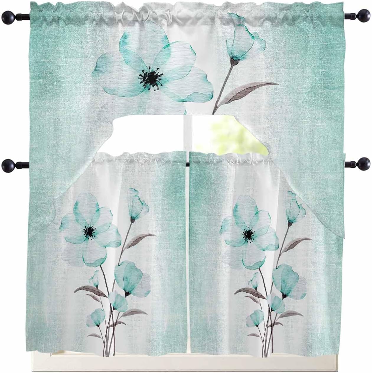 Teal Green Floral Curtains Set - Swag Valance and Tier Panels 24 Inch