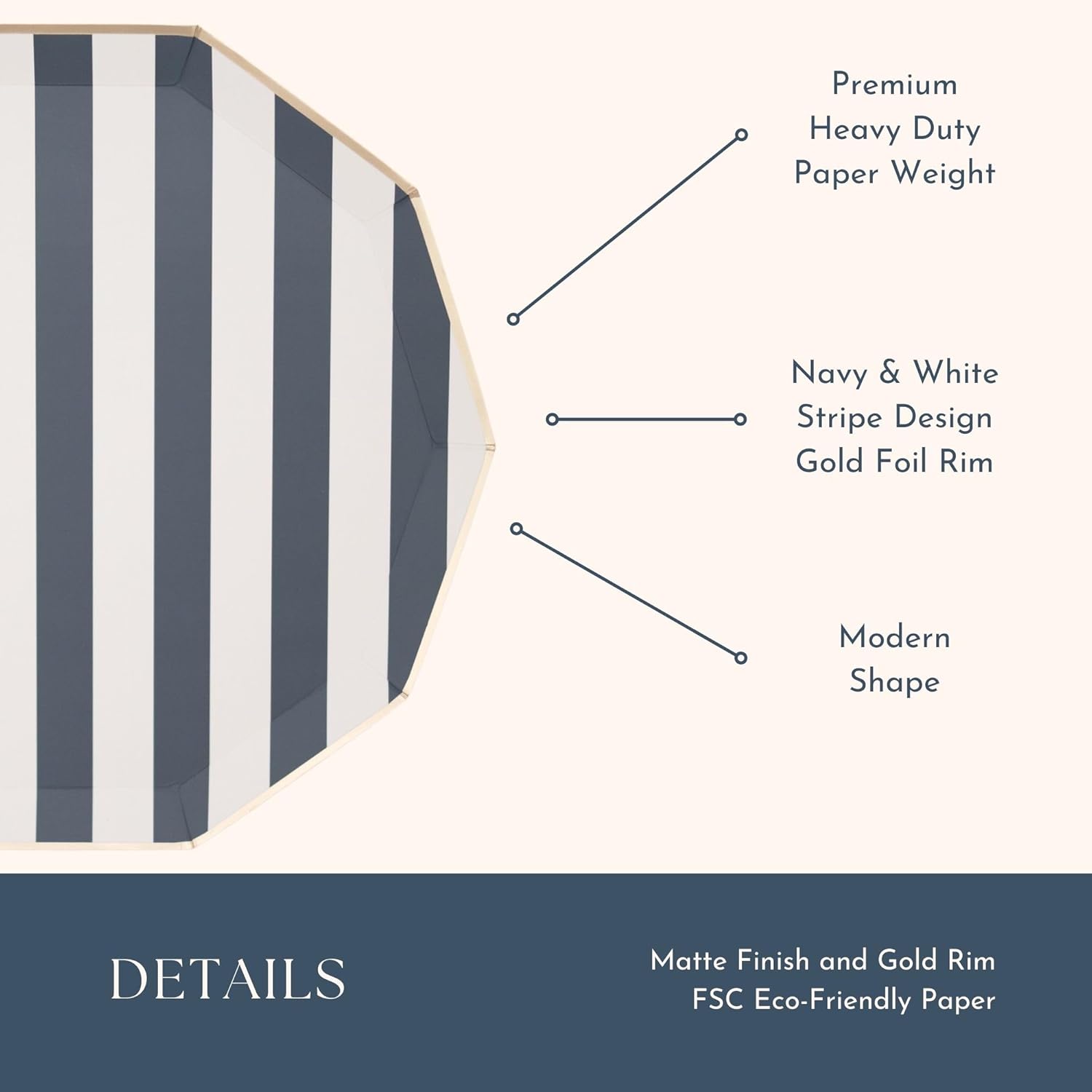 Bonjour Fete Navy Blue Cabana Stripe Paper Plates 1075 D